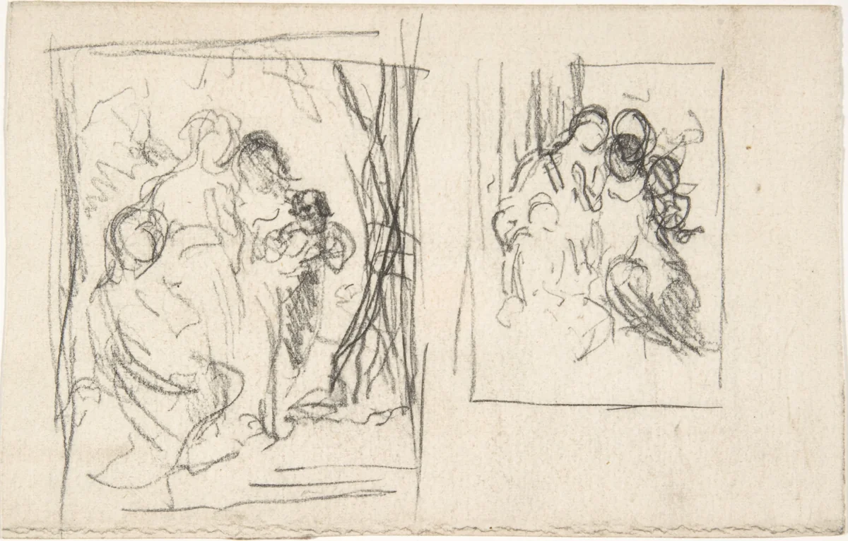 Two studies for a figure composition, including three women and a child by Narcisse Virgile Diaz de la Peña, drawing, 1820-1876