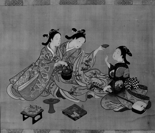 Three Girls Having Tea by Nishikawa Sukenobu (西川祐信), painting, 1800-1899