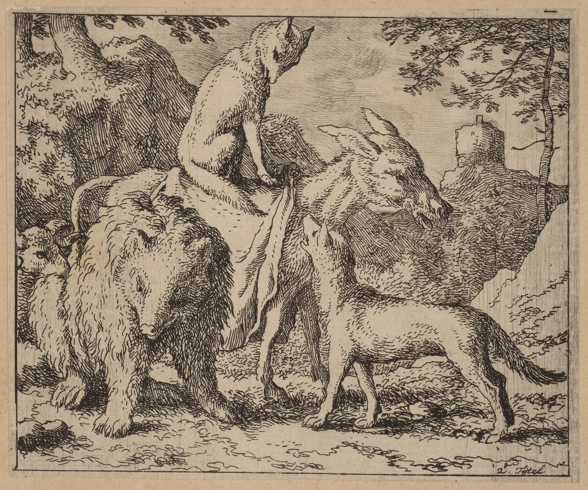 Reynard Seated Atop the Ass by Allart van Everdingen, print, 1645-1656
