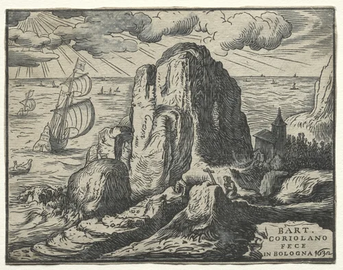 Cliff on the Seashore by Bartolommeo Coriolano, print, 1625-1635