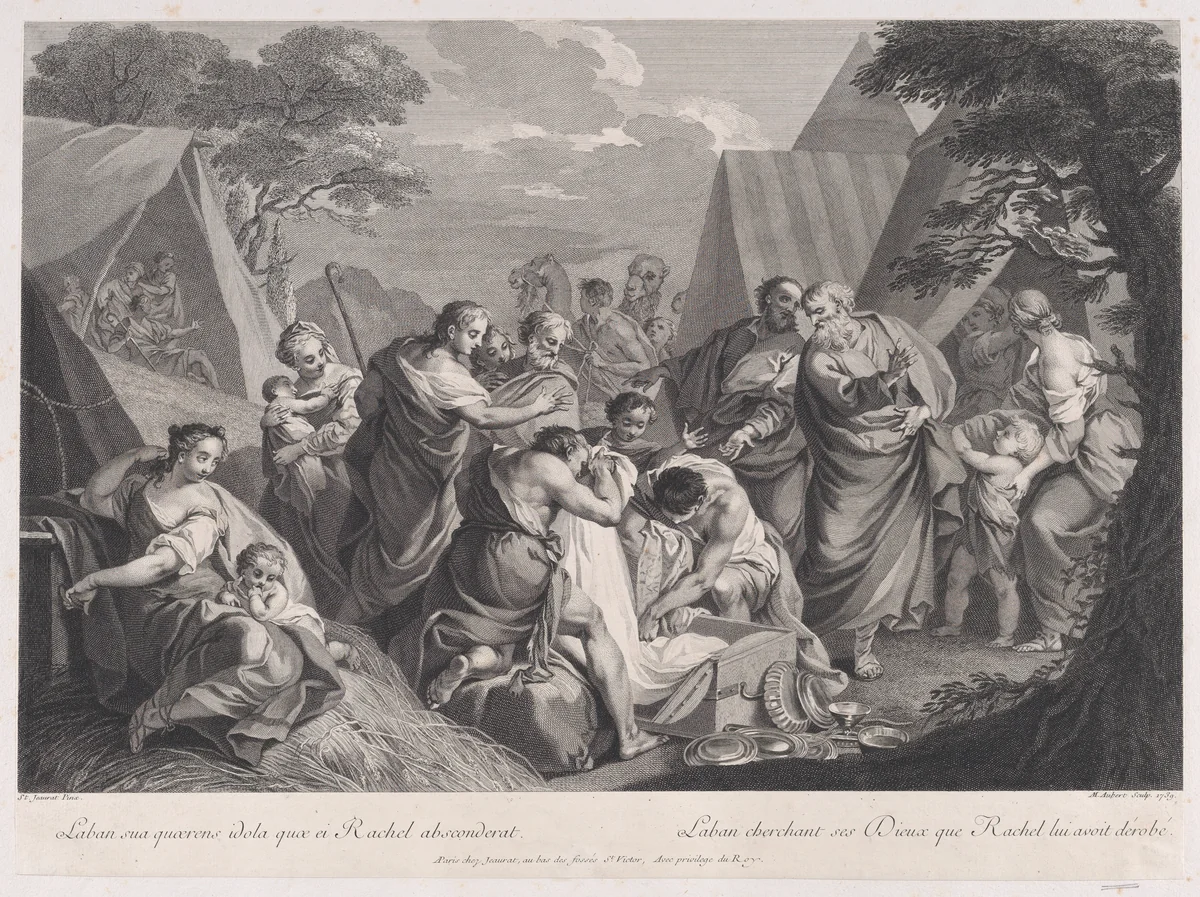 Laban Searching for his Gods, after Etienne Jeaurat by Michel Aubert, print, 1739