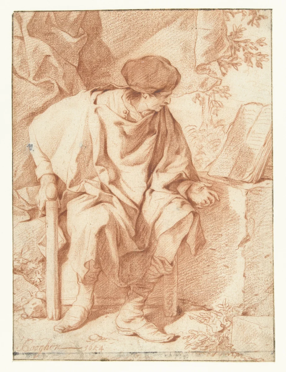 Landschap met een lezende man by Leendert van der Cooghen, drawing, 1654