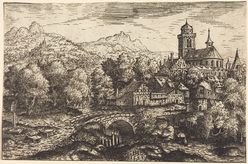 Mountainous Landscape with a Village by Hanns Lautensack, print, 1553