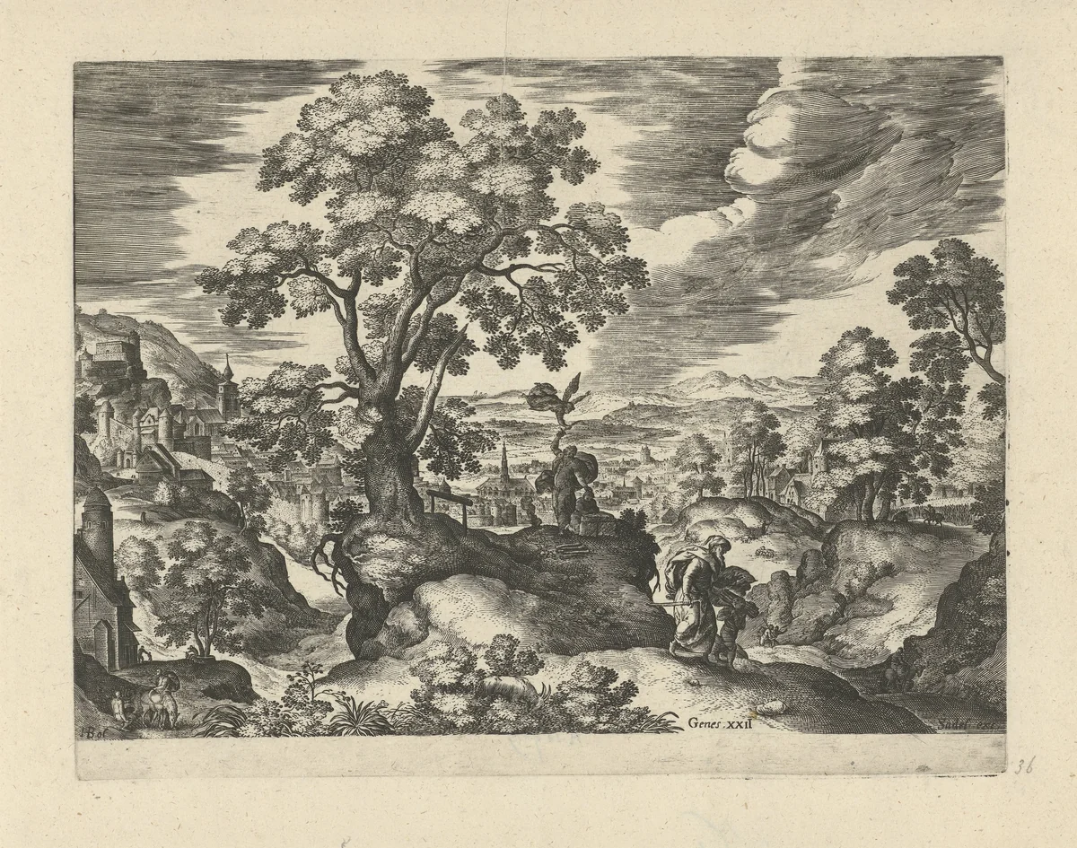 Landschap met het offer van Abraham by Johann Sadeler, print, 1580-1600