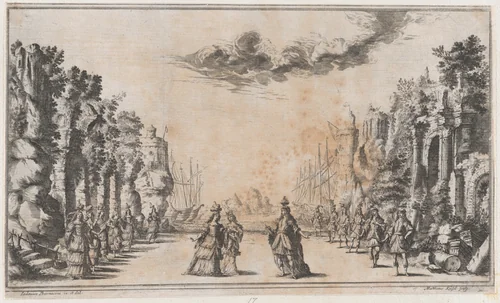 A man and two women conversing at center; young men standing to their right and young women to their left; ships in the distance; set design from 'Il Pomo D'Oro' by Mathäus Küsel, print, 1668