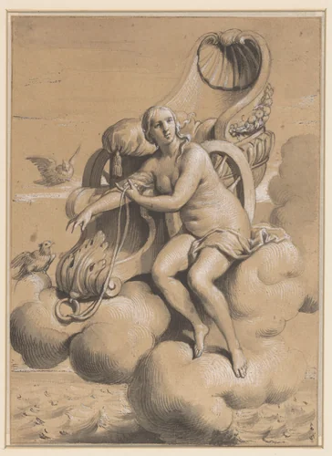 Venus naast haar wagen op de wolken gezeten by François Verdier, drawing, 1661-1730