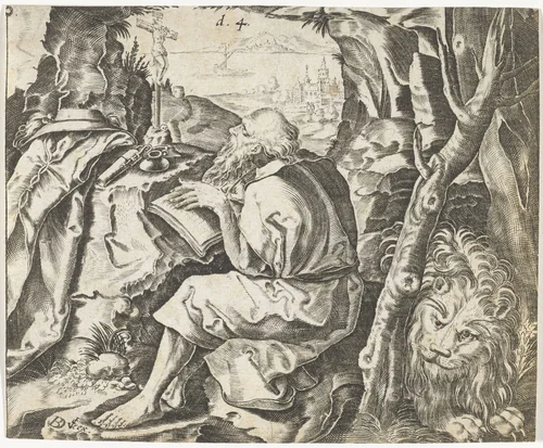 H. Hieronymus schrijvend in zijn grot by Unknown, print, 1589-1626
