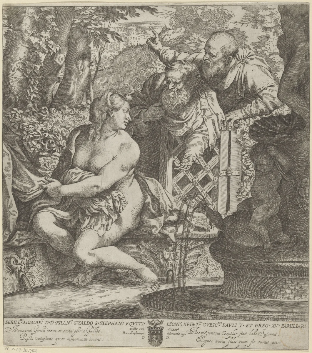 Susanna en de ouderlingen by Annibale Carracci, print, 1590-1595