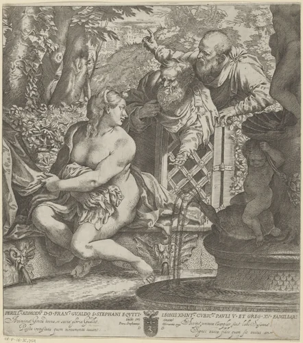 Susanna en de ouderlingen by Annibale Carracci, print, 1590-1595