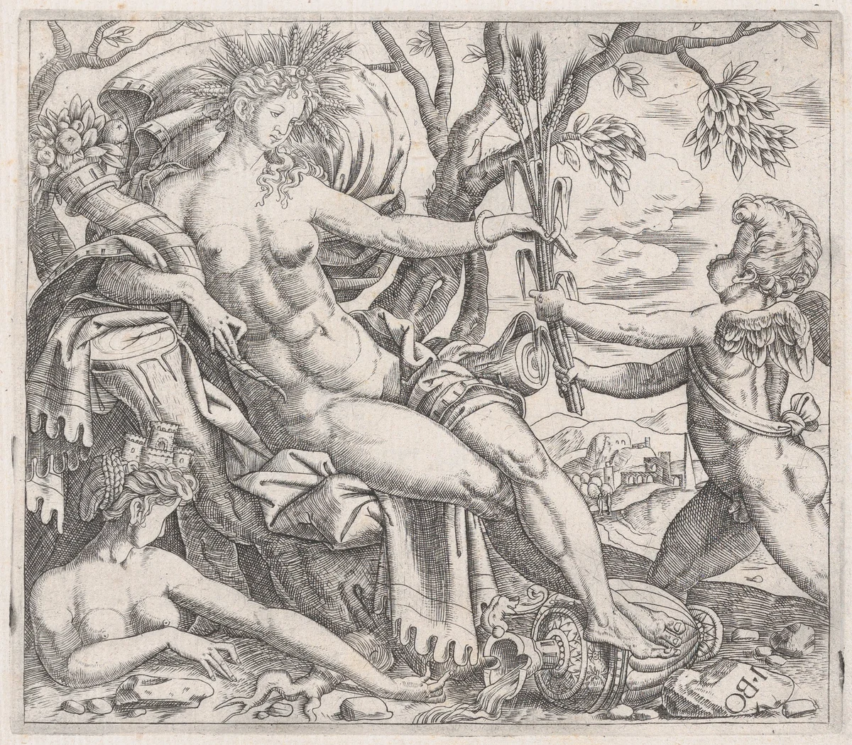 A Putto Presenting Grain to Ceres, from "Speculum Romanae Magnificentiae" by anonymous, print, 1530-1560