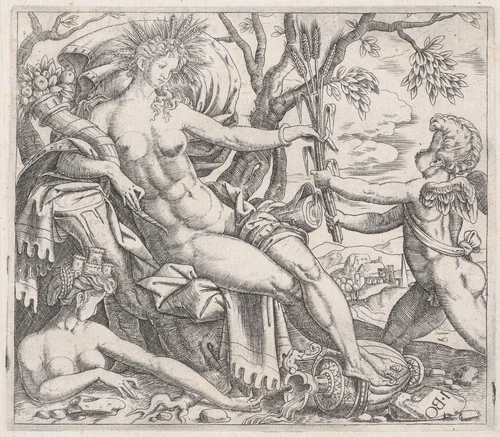A Putto Presenting Grain to Ceres, from "Speculum Romanae Magnificentiae" by anonymous, print, 1530-1560