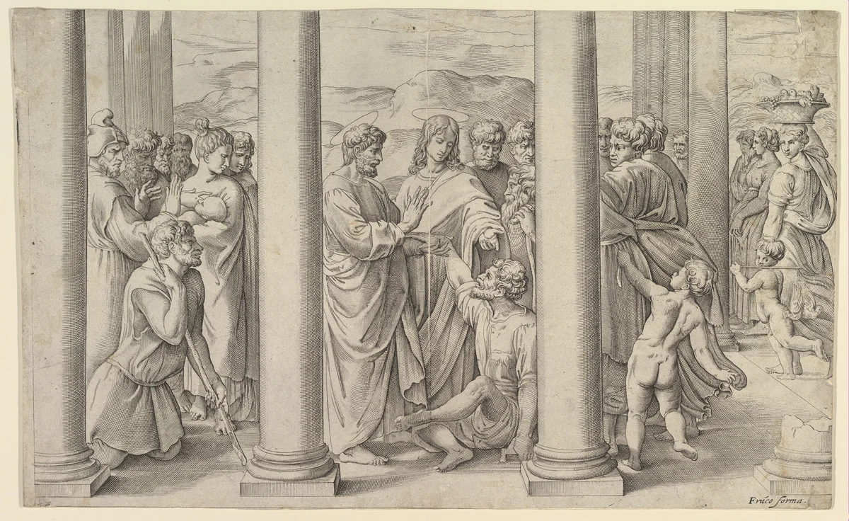 St. Peter and St. John healing the lame man at the gate of the temple by Battista Franco, print, 1549-1566