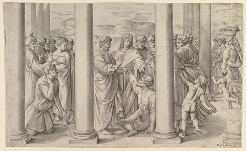 St. Peter and St. John healing the lame man at the gate of the temple by Battista Franco, print, 1549-1566
