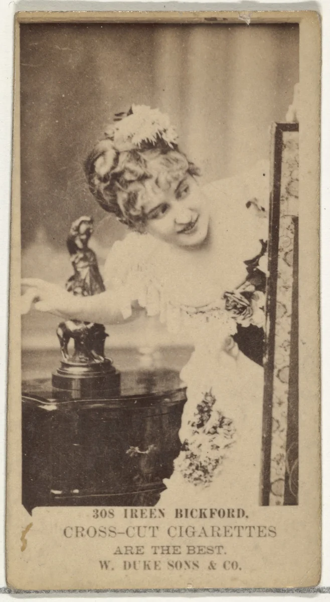 Card Number 308, Ireen Bickford, from the Actors and Actresses series (N145-3) issued by Duke Sons & Co. to promote Cross Cut Cigarettes by W. Duke, Sons & Co., photograph, 1880-1889
