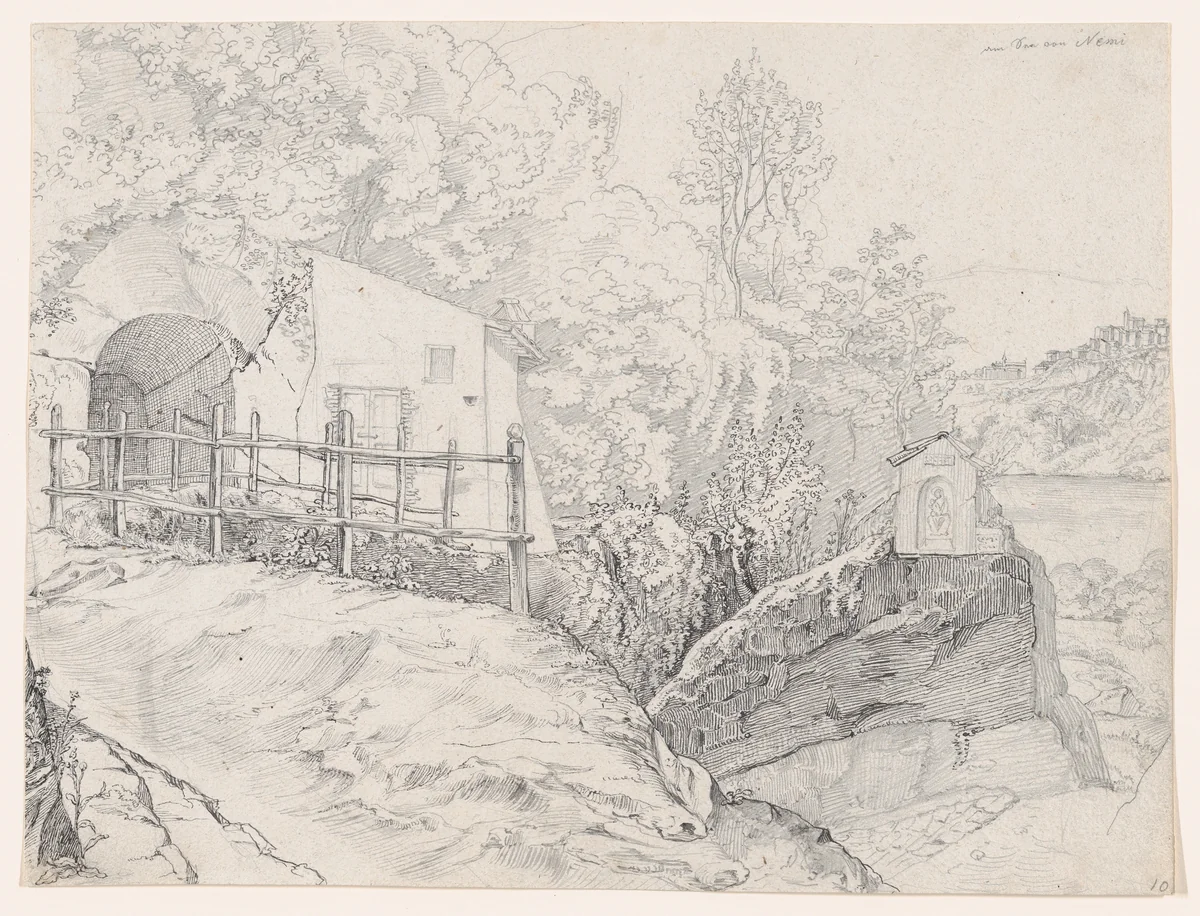A House near a Grotto and a Roadside Chapel at Lake Nemi, with a View of Genzano from the North; verso: Sketch of Trees on the Border of a Lake, with Mountains in the Background by Johann Martin von Rohden, drawing, 1798-1868