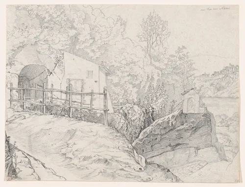 A House near a Grotto and a Roadside Chapel at Lake Nemi, with a View of Genzano from the North; verso: Sketch of Trees on the Border of a Lake, with Mountains in the Background by Johann Martin von Rohden, drawing, 1798-1868