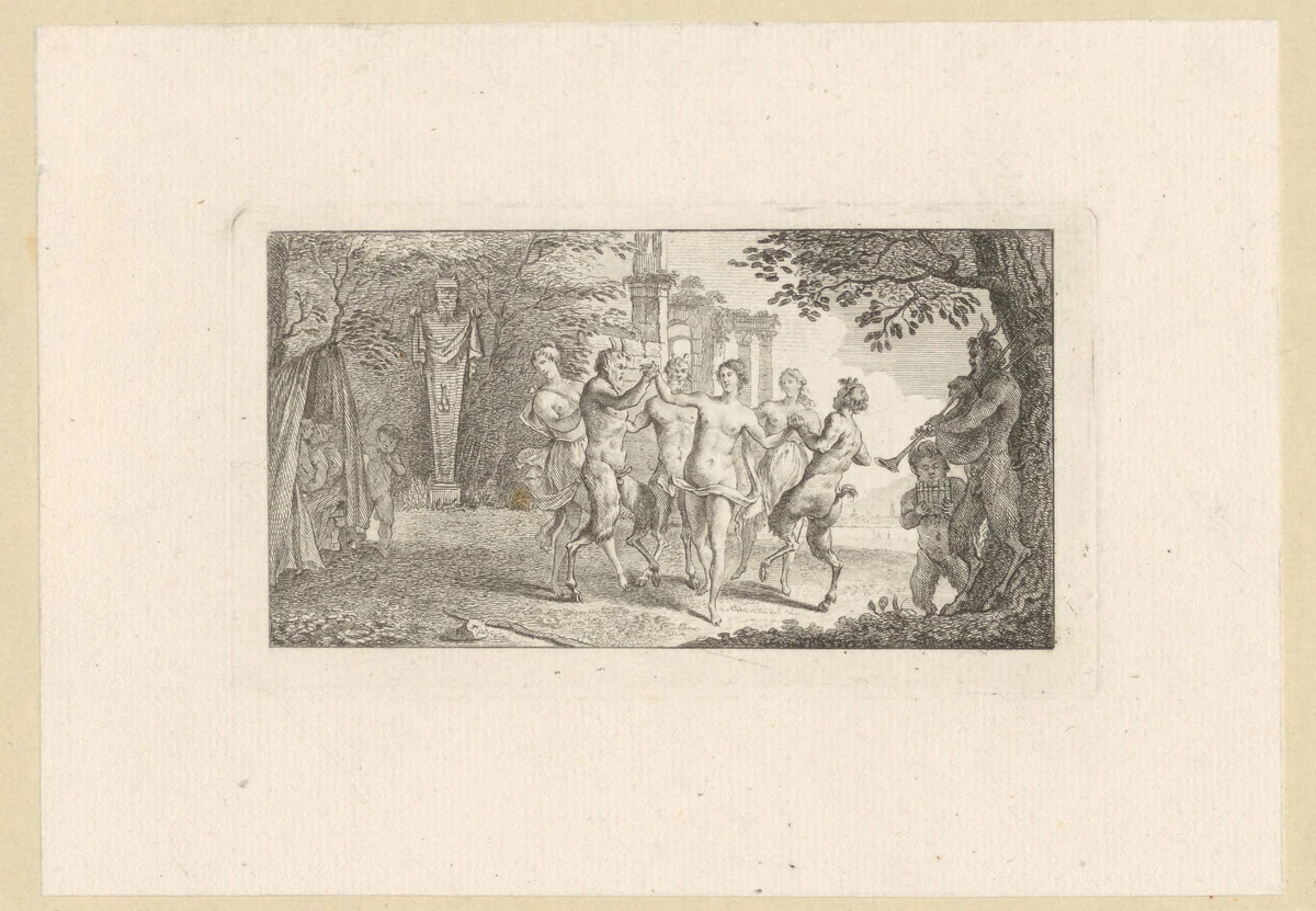 Drie satyrs maken rondedans met drie nimfen by Georg Friedrich Schmidt, print, 1774