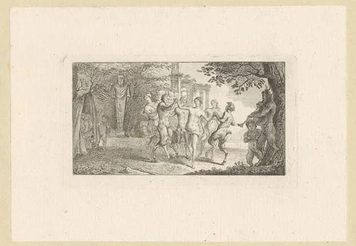 Drie satyrs maken rondedans met drie nimfen by Georg Friedrich Schmidt, print, 1774