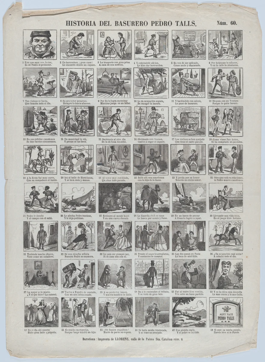 Broadside with 48 scenes relating to the life of the garbage man (trash man) Pedro Talls by Juan Llorens, print, 1855-1865