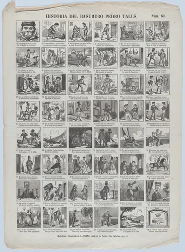 Broadside with 48 scenes relating to the life of the garbage man (trash man) Pedro Talls by Juan Llorens, print, 1855-1865