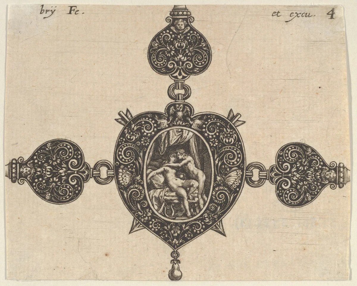 Design for a Heart-Shaped Brooch by Johann Theodor de Bry, print, 1580-1600