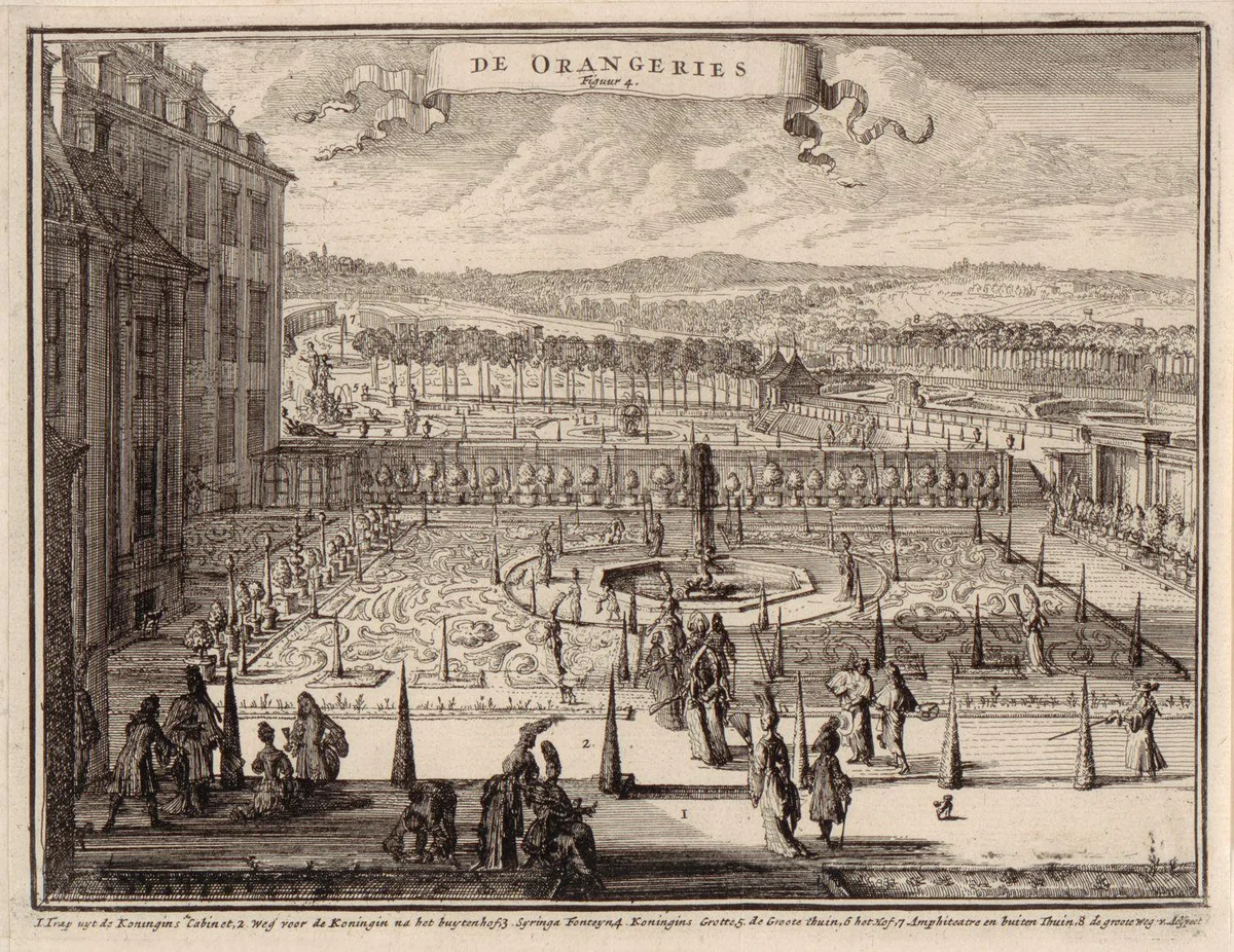 Gezicht op de oranjerie in het park van Paleis Het Loo by Romeyn de Hooghe, print, 1690-1694