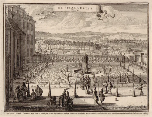 Gezicht op de oranjerie in het park van Paleis Het Loo by Romeyn de Hooghe, print, 1690-1694