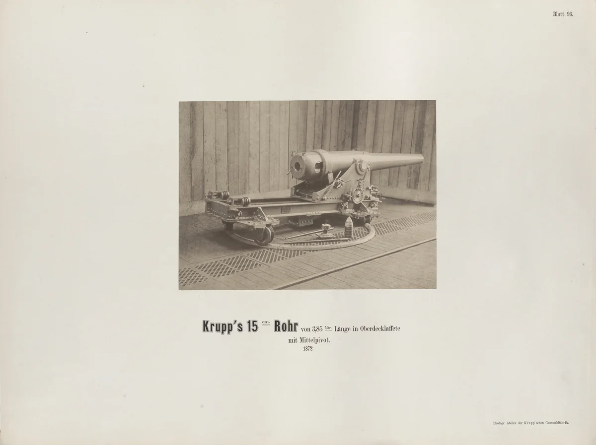 Krupp's 15 cm. Rohr von 3,85 Mtr. Lange in Oberdecklaffete mit Mittelpivot by Hugo van Werden, photograph, 1872