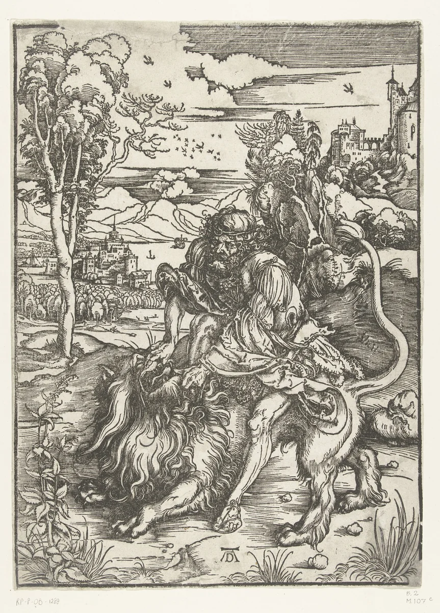 Simson vecht met de leeuw by Unknown, print, 1494-1498