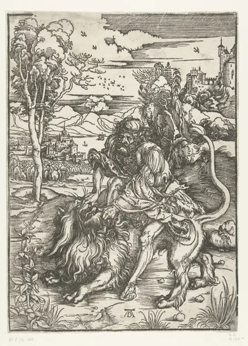 Simson vecht met de leeuw by Unknown, print, 1494-1498