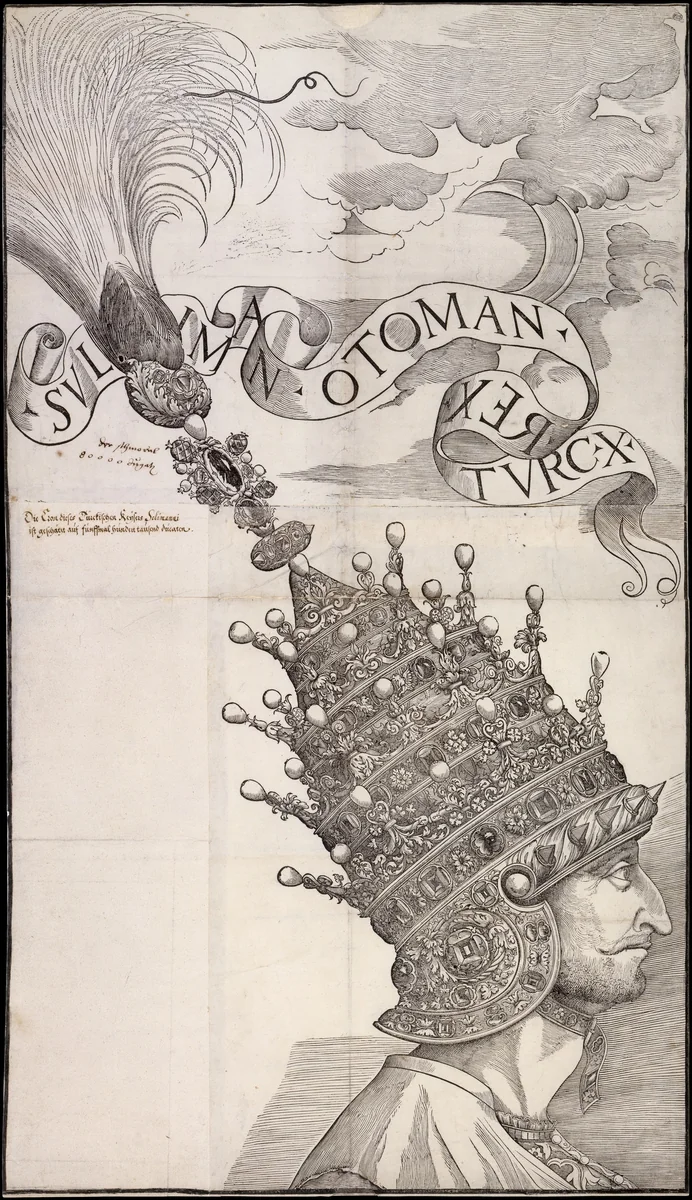 Sultan Suleyman the Magnificent Wearing the Jewel-Studded Helmet by anonymous, print, 1535-1555