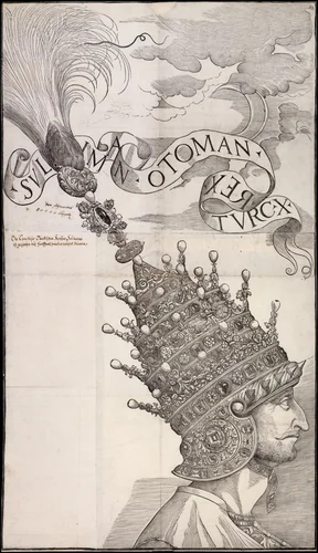 Sultan Suleyman the Magnificent Wearing the Jewel-Studded Helmet by anonymous, print, 1535-1555