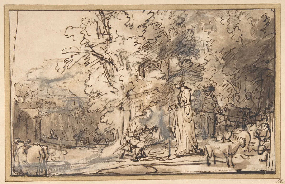 The Meeting of Jacob And Rachel at the Well by Rembrandt van Rijn, drawing, 1640-1649
