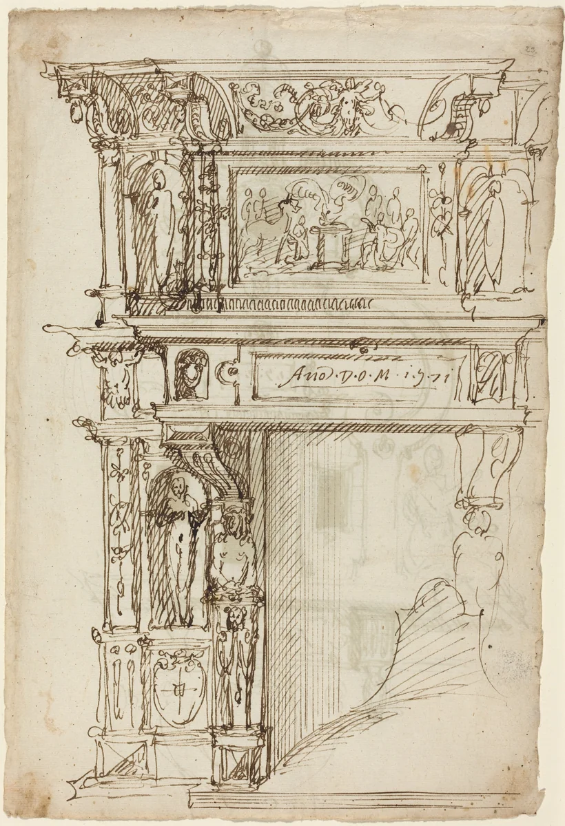 Palatial Mantelpiece with a Scene of Ancient Sacrifice [recto] by anonymous, drawing, 1571