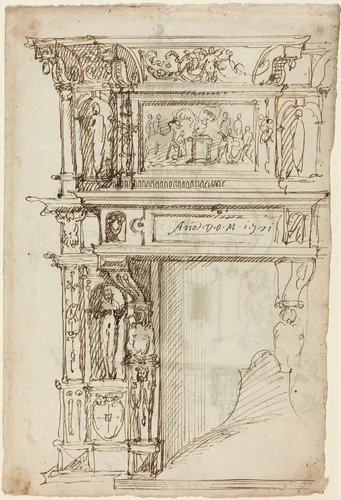 Palatial Mantelpiece with a Scene of Ancient Sacrifice [recto] by anonymous, drawing, 1571