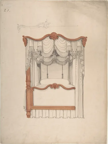 Design for a Four-poster Bed with Draperies by anonymous, drawing, 1840-1899