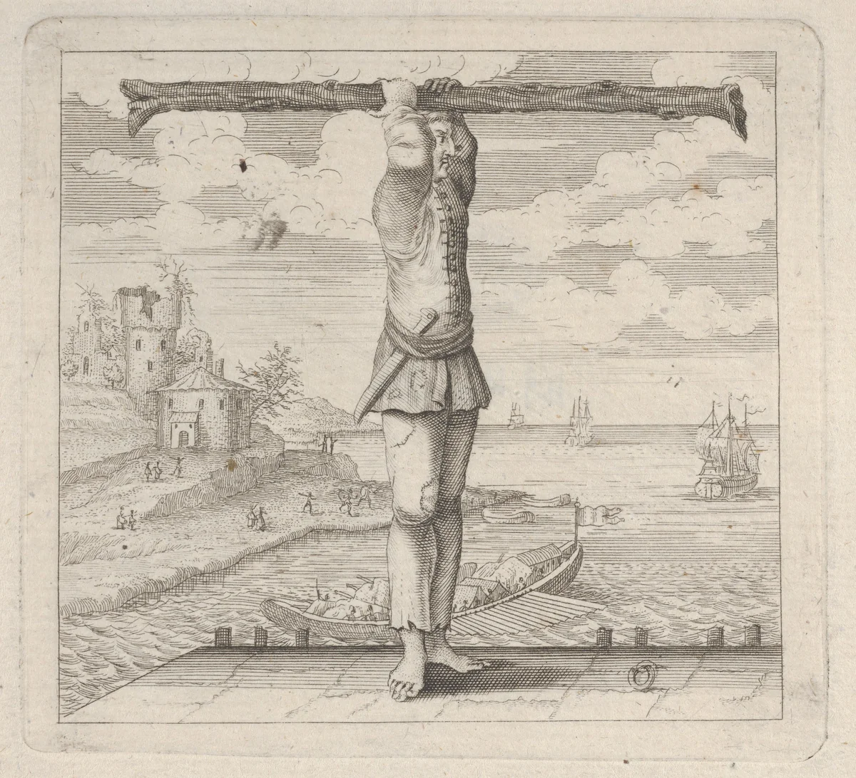 The letter T standing on a pier holding a tree trunk by anonymous, print, 1700-1799