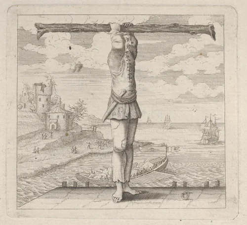 The letter T standing on a pier holding a tree trunk by anonymous, print, 1700-1799