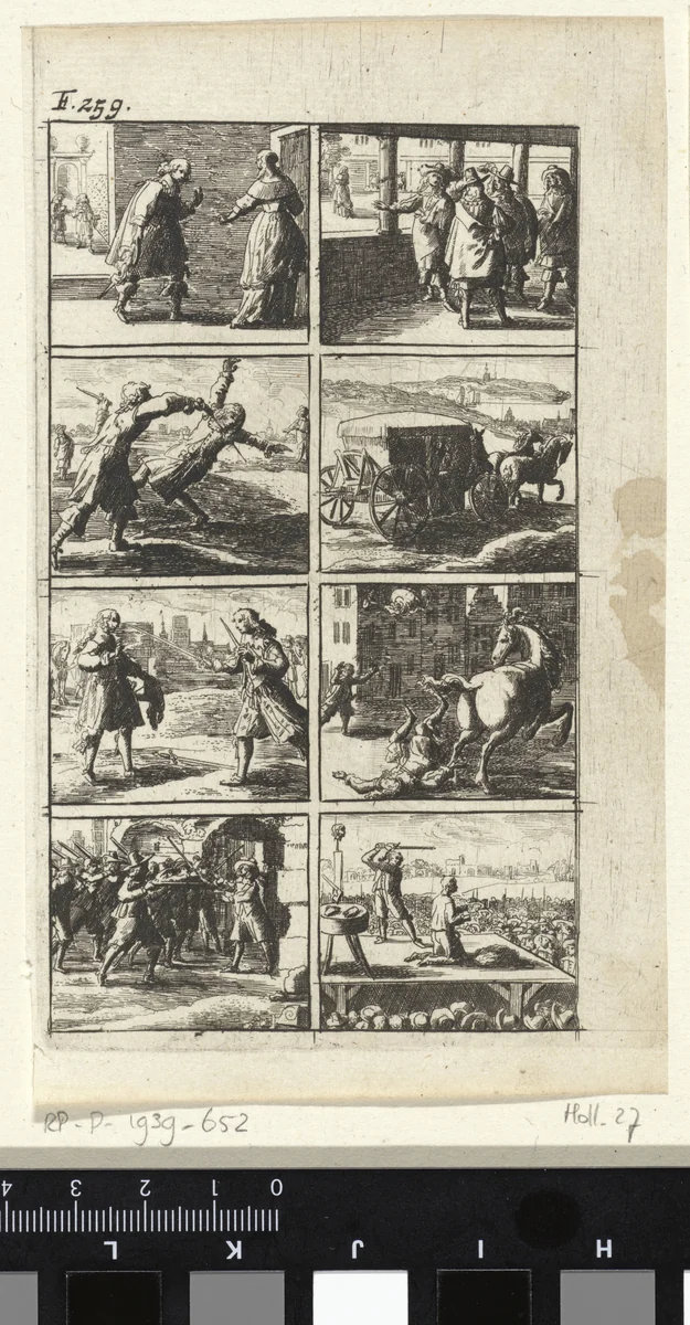 Verhaal met voorstellingen van moord en doodstraf (F. 259) by Abraham Dircksz. Santvoort, print, 1667