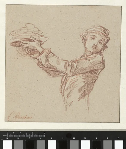 Jonge bediende die een bord vasthoudt by François Boucher, drawing, 1713-1770