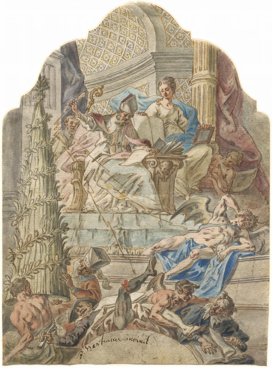 Saint Augustine Subdues Heresy with Lightning Bolts from His Pen by Joseph Hartmann, drawing, 1770-1788