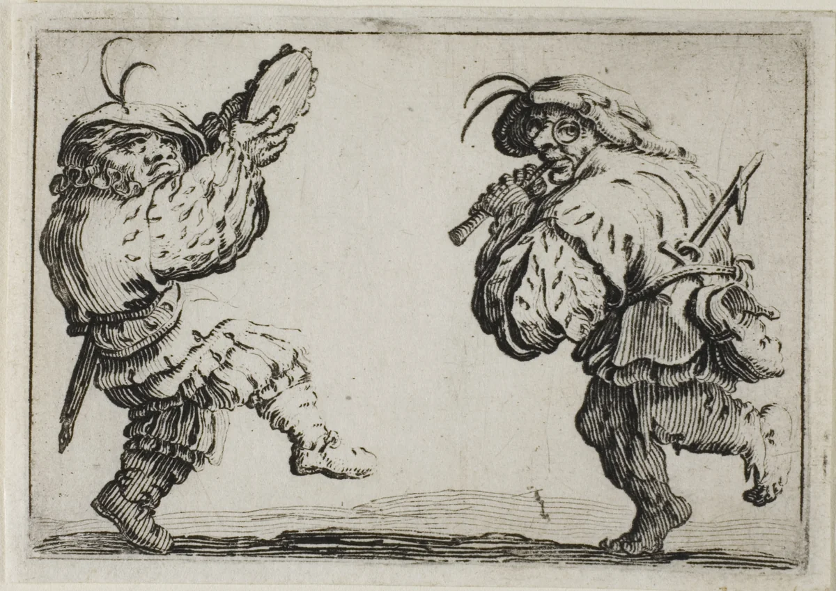 The Dancers with a Flute and a Tamborine, from The Caprices by Jacques Callot, print, 1617-1627
