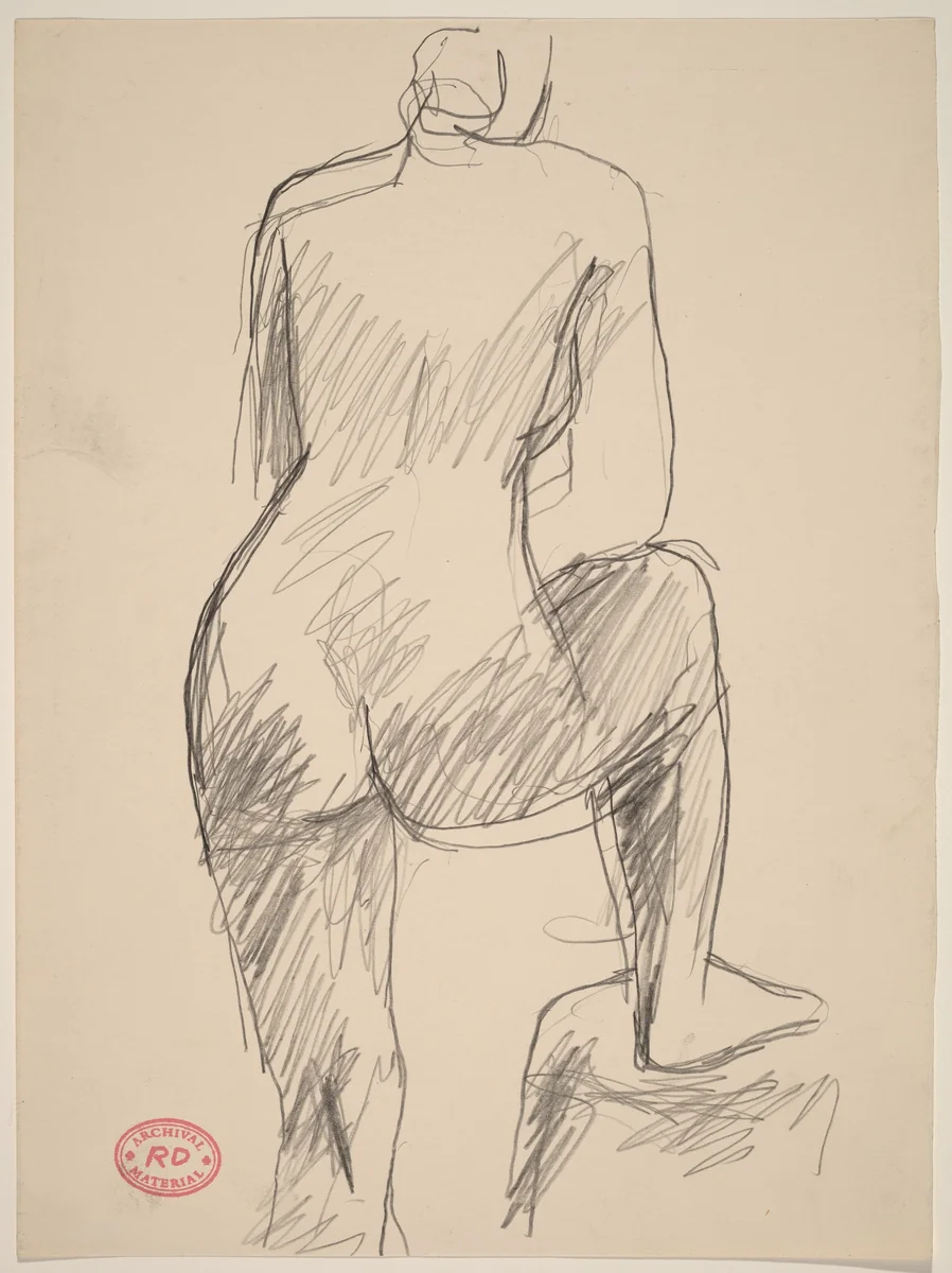 Untitled [back view of a nude with her right foot on a pedestal] by Richard Diebenkorn, drawing, 1955-1967