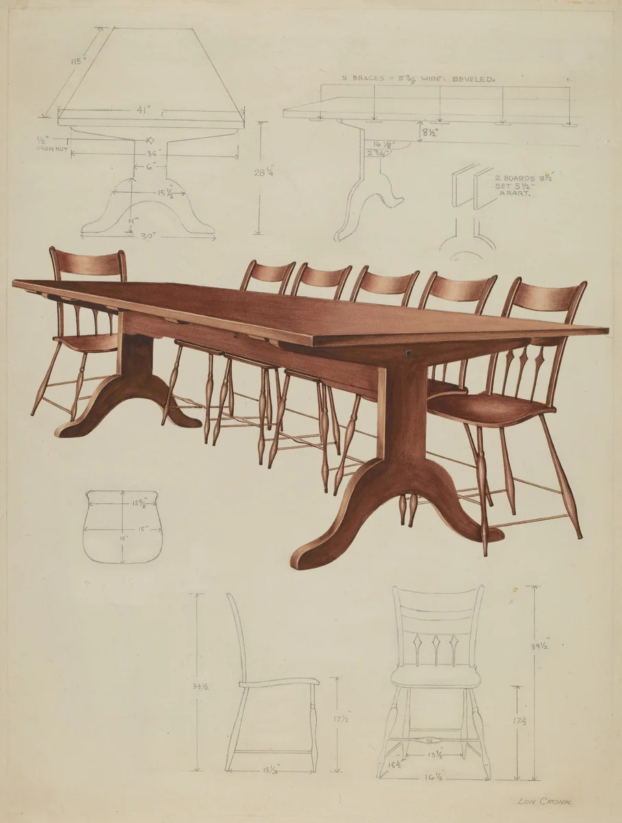 Shaker Dining Table and Chairs by Lon Cronk, index of american design, 1937