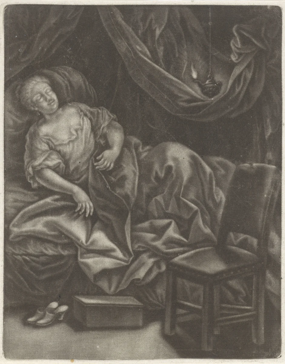 Slapende vrouw in bed by anonymous, print, 1650-1800