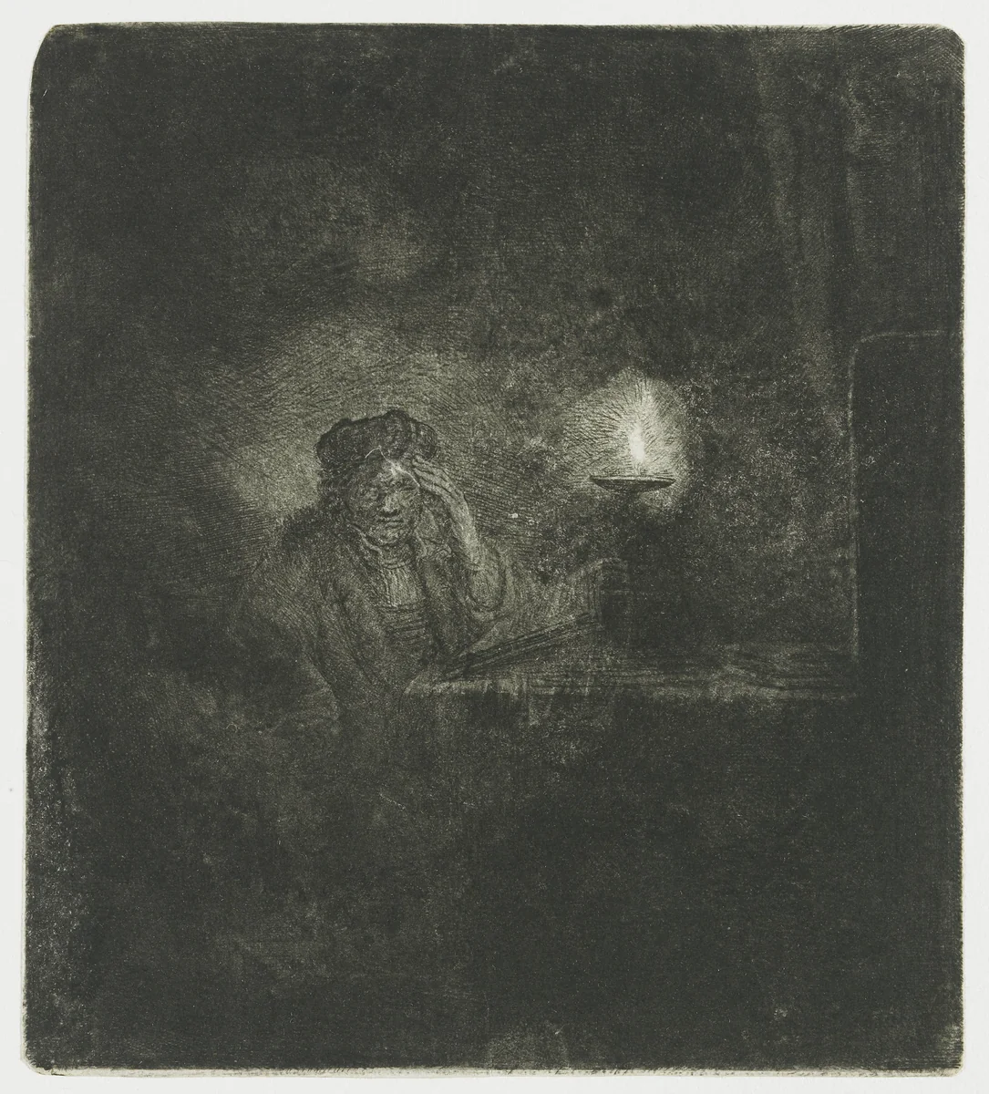 Student at a table by candlelight by anonymous, print, 1640-1645