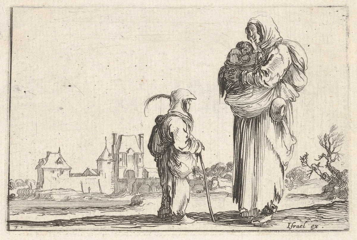 Plate 7: A peasant woman carrying a child to right, speaking to another child standing facing right in center, a castle to left in the background, from "Caprice faict par de la Bella" by Stefano della Bella, print, 1640-1645