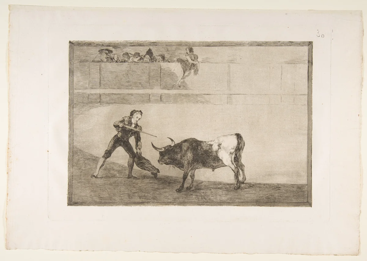 Plate 30 from "La Tauromaquia": Pedro Romero killing the halted bull by Goya, print, 1816