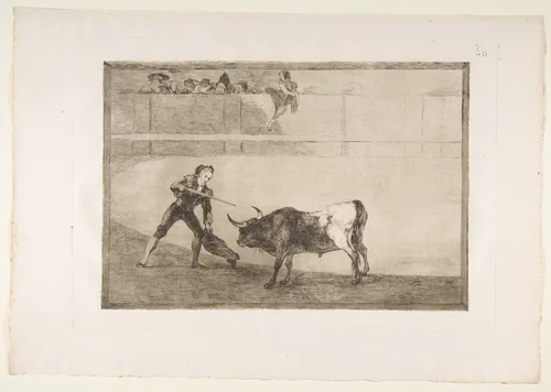 Plate 30 from "La Tauromaquia": Pedro Romero killing the halted bull by Goya, print, 1816