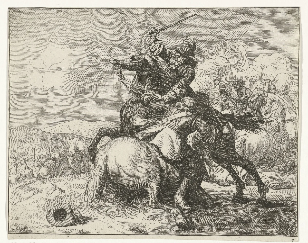 Zwaardgevecht tussen twee ruiters by anonymous, print, 1674-1733